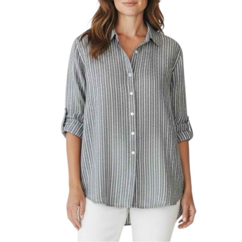 JONES NY SIGNATURE Linen Blend Striped Button Down Shirt in Blue/White Size 2X